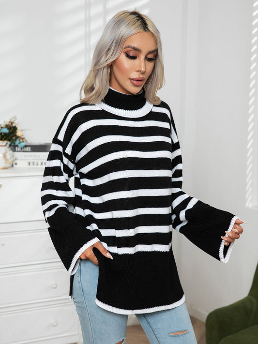 Striped Slit Turtleneck Drop Shoulder Sweater Black