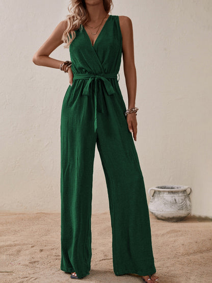 Tied Surplice Sleeveless Wide Leg Jumpsuit Dark Green