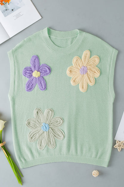 Crochet Flower Round Neck Sweater Vest Sage