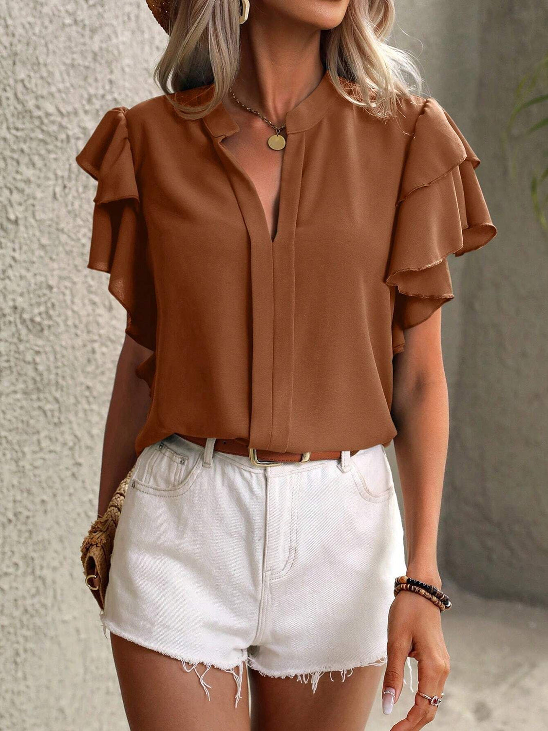 Ruffled Notched Short Sleeve Blouse Brown