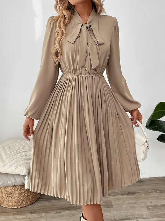 Perfee Pleated Tie Neck Long Sleeve Dress Tan