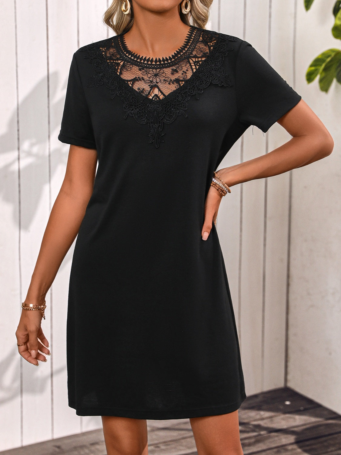 Lace Detail Short Sleeve Mini Dress Black