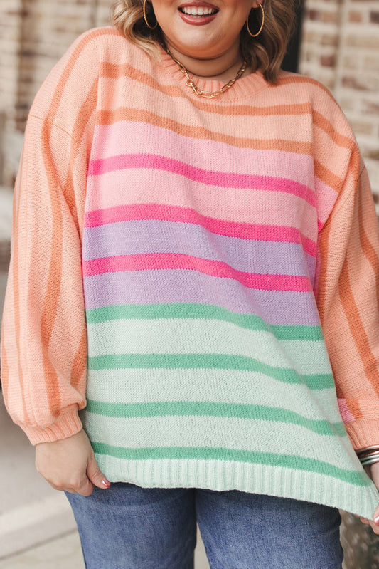 Pink Stripe Color Block Balloon Sleeve Crewneck Plus Size Sweater Pink Stripe 50%Viscose+28%Polyester+22%Polyamide