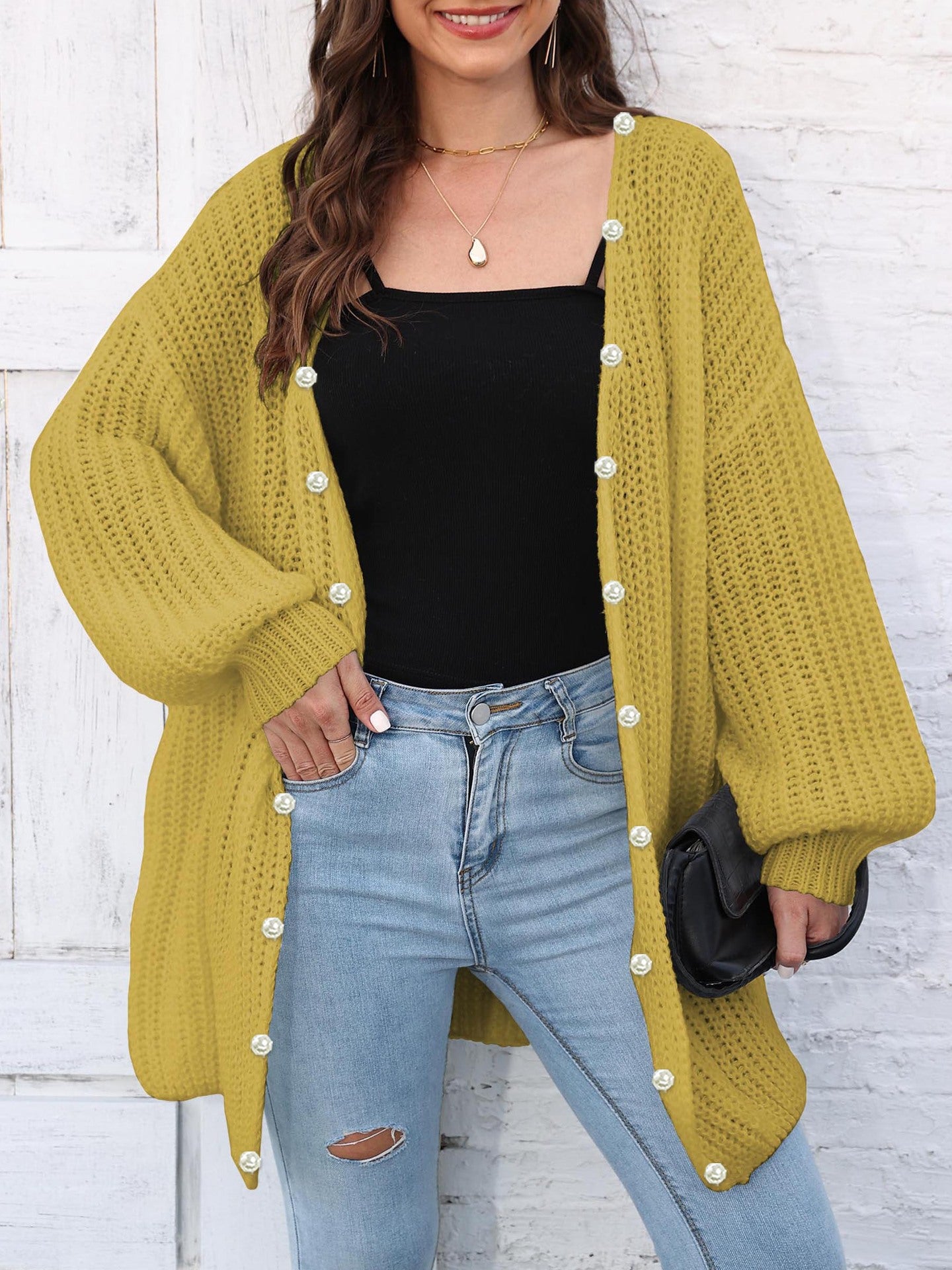 Open Front Long Sleeve Cardigan Yellow-Green One Size