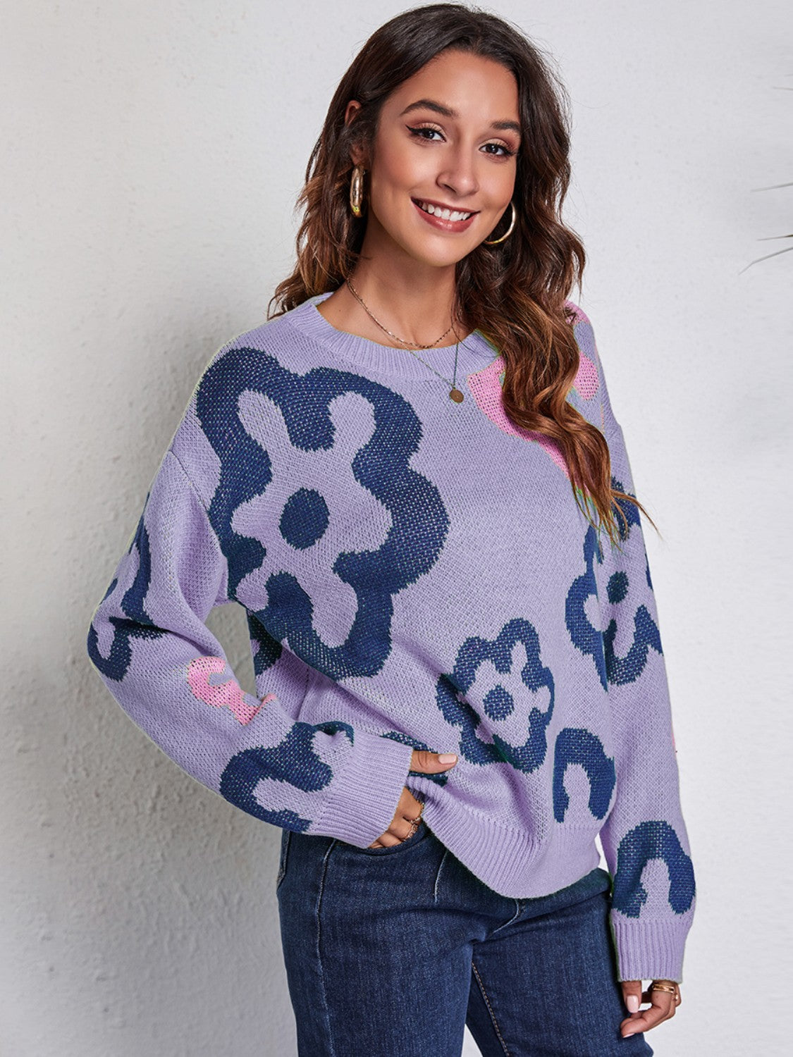 Flower Pattern Round Neck Long Sleeve Sweater Lavender