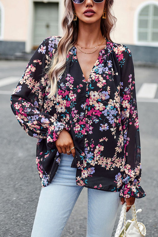 Floral Print Flounce Sleeve Blouse Black