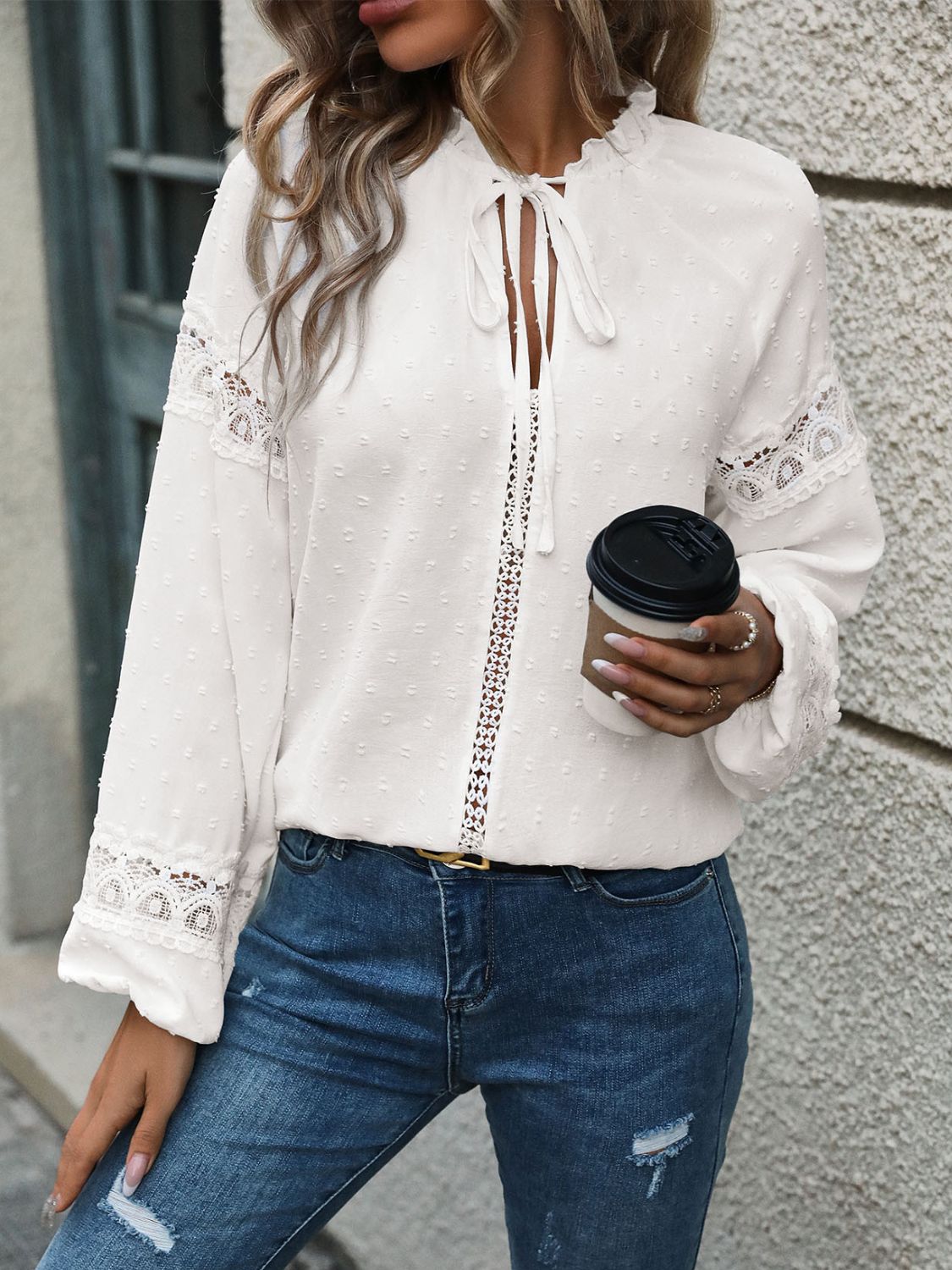 Lace Detail Tie Neck Long Sleeve Blouse