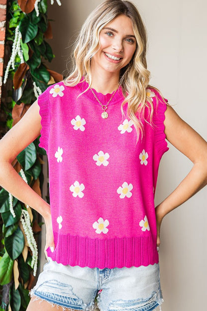 First Love Full Size Flower Pattern Round Neck Sweater Vest Fuchsia