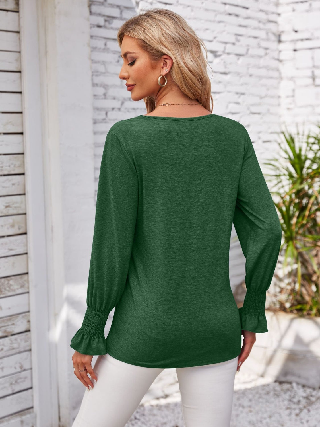 Smocked V-Neck Long Sleeve Blouse