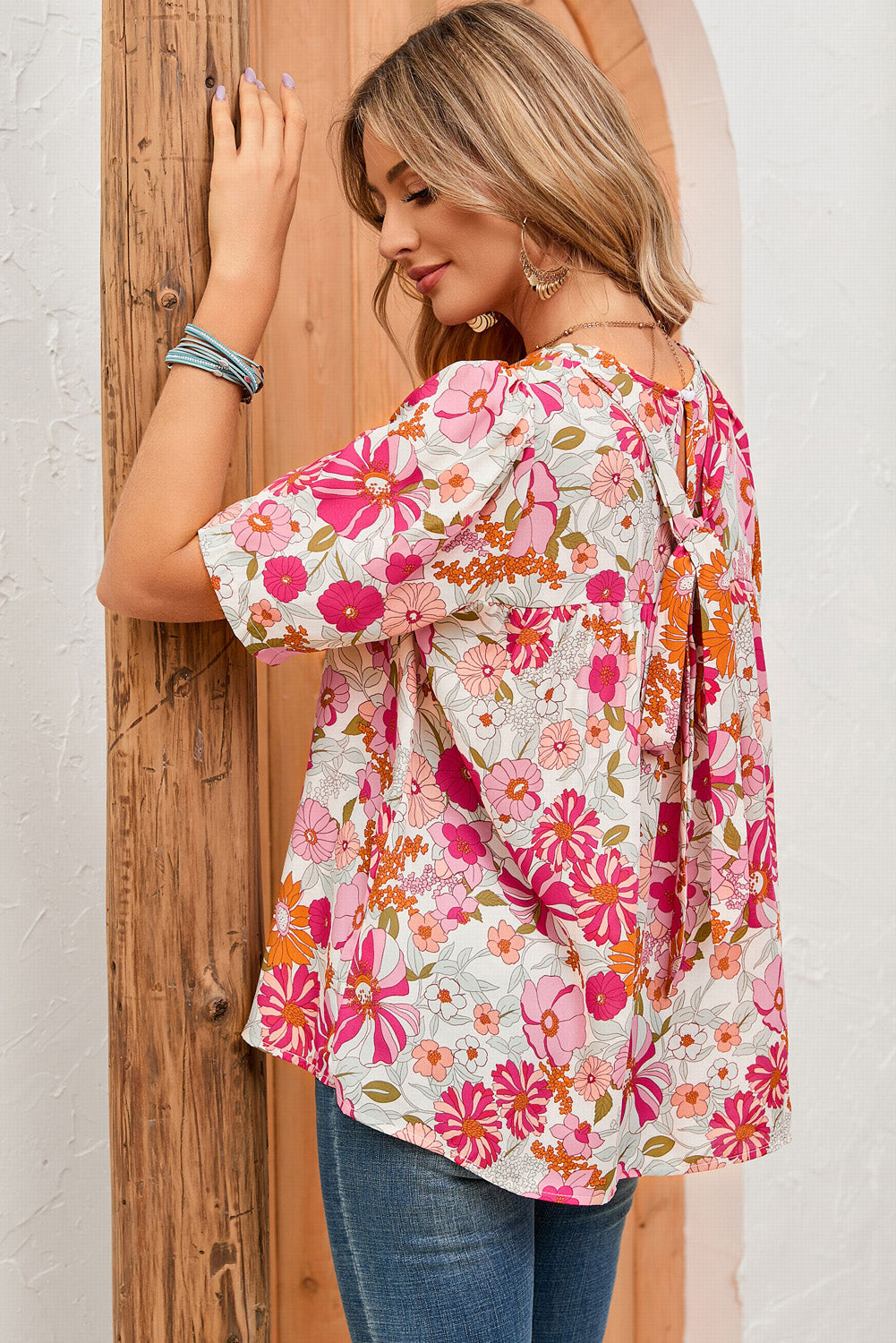 Floral Puff Sleeve Tied Blouse