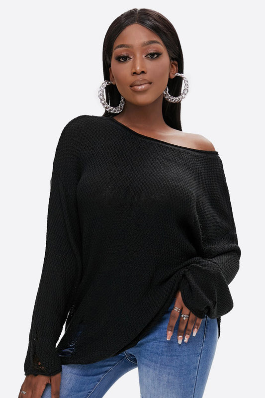 Round Neck Distressed Drop Shoulder Sweater Black