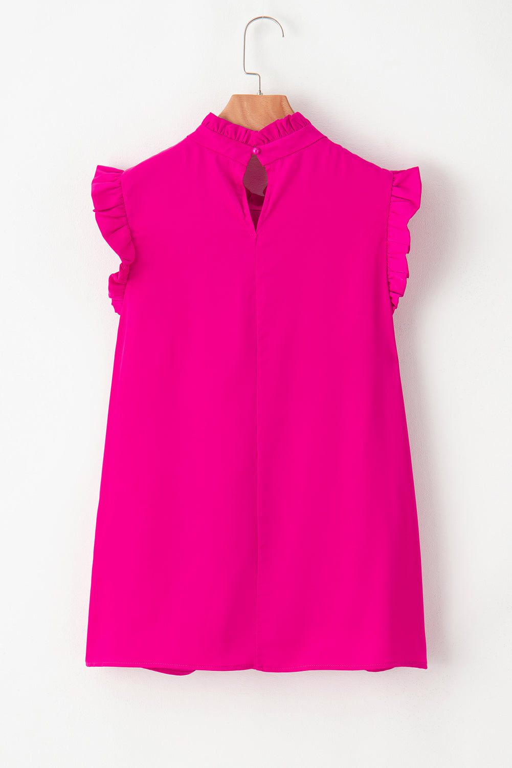 Bright Pink Pleated Mock Neck Frilled Trim Sleeveless Top