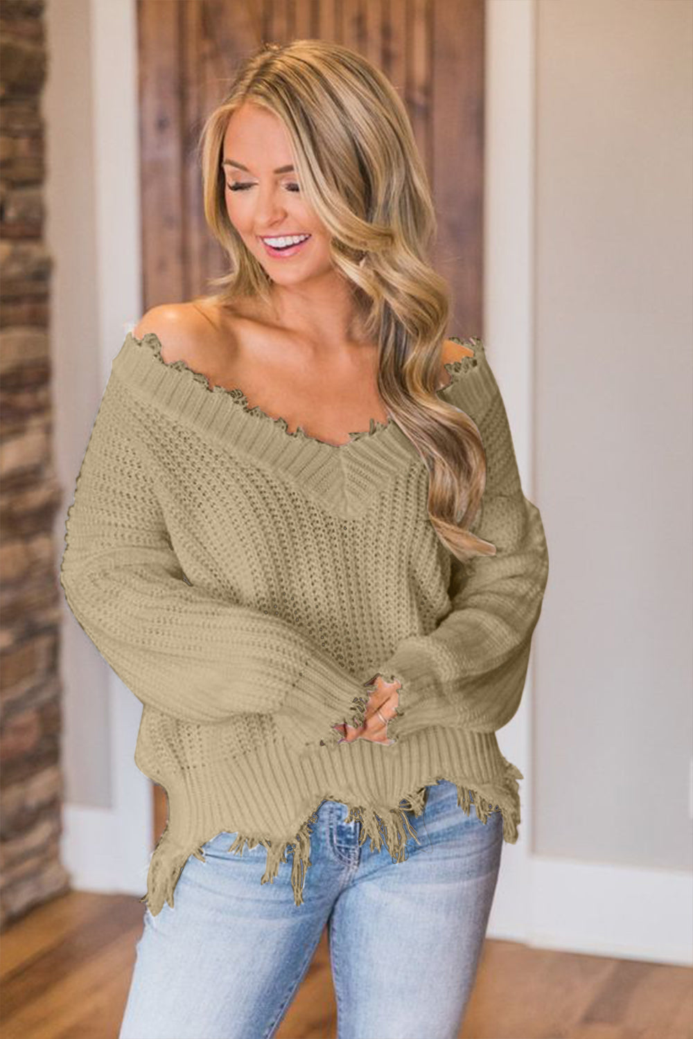 Frayed Hem Dropped Shoulder Sweater Khaki