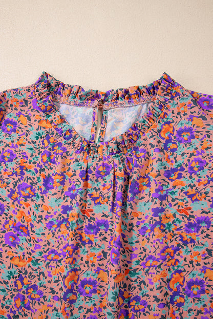 Purple Floral Allover Print Shirred Cuff Frilled O Neck Blouse