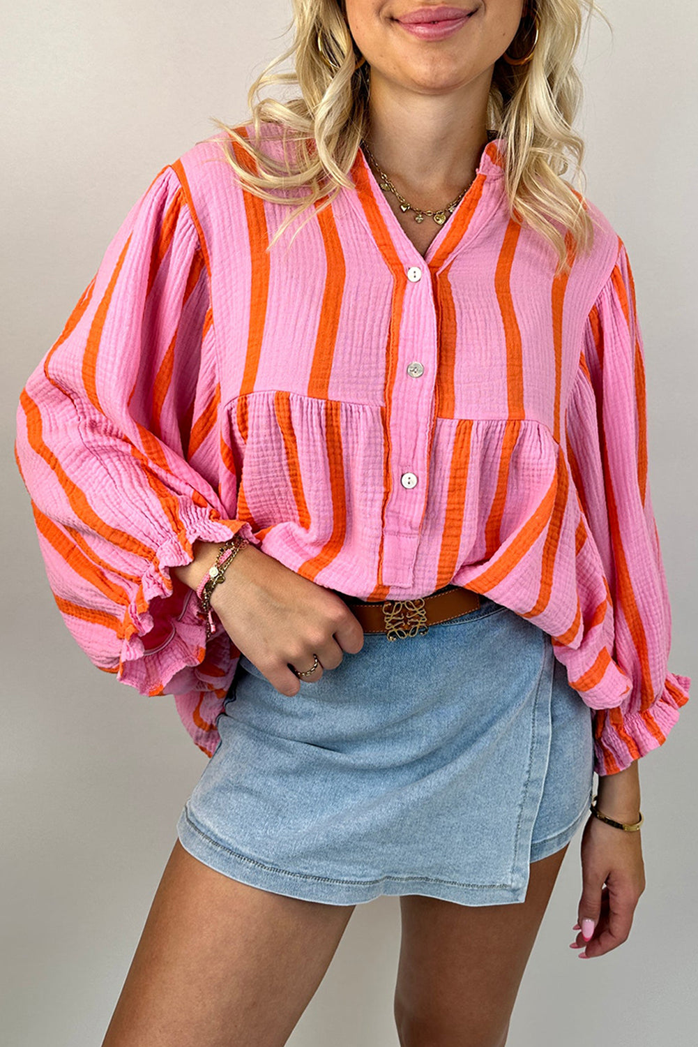 Orange Stripe Crinckled Ruffled Sleeve Button up Loose Shirt Orange Stripe 100%Cotton