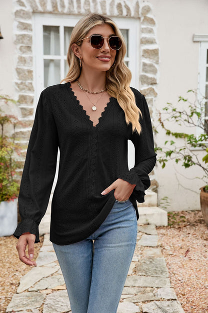 Eyelet Lace Trim Flounce Sleeve Blouse Black