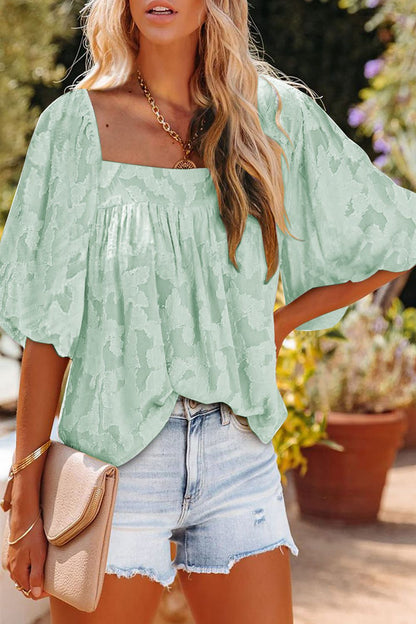 Square Neck Puff Sleeve Blouse Light Green