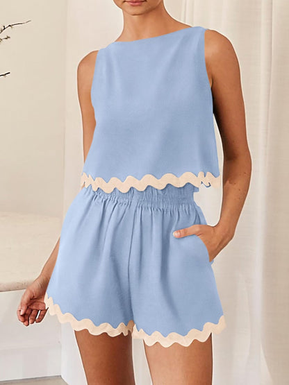 Contrast Trim Round Neck Top and Shorts Set Pastel Blue