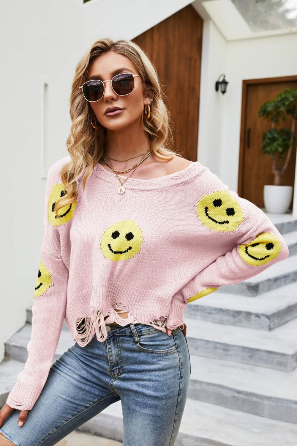 Smiley Face Distressed Round Neck Sweater