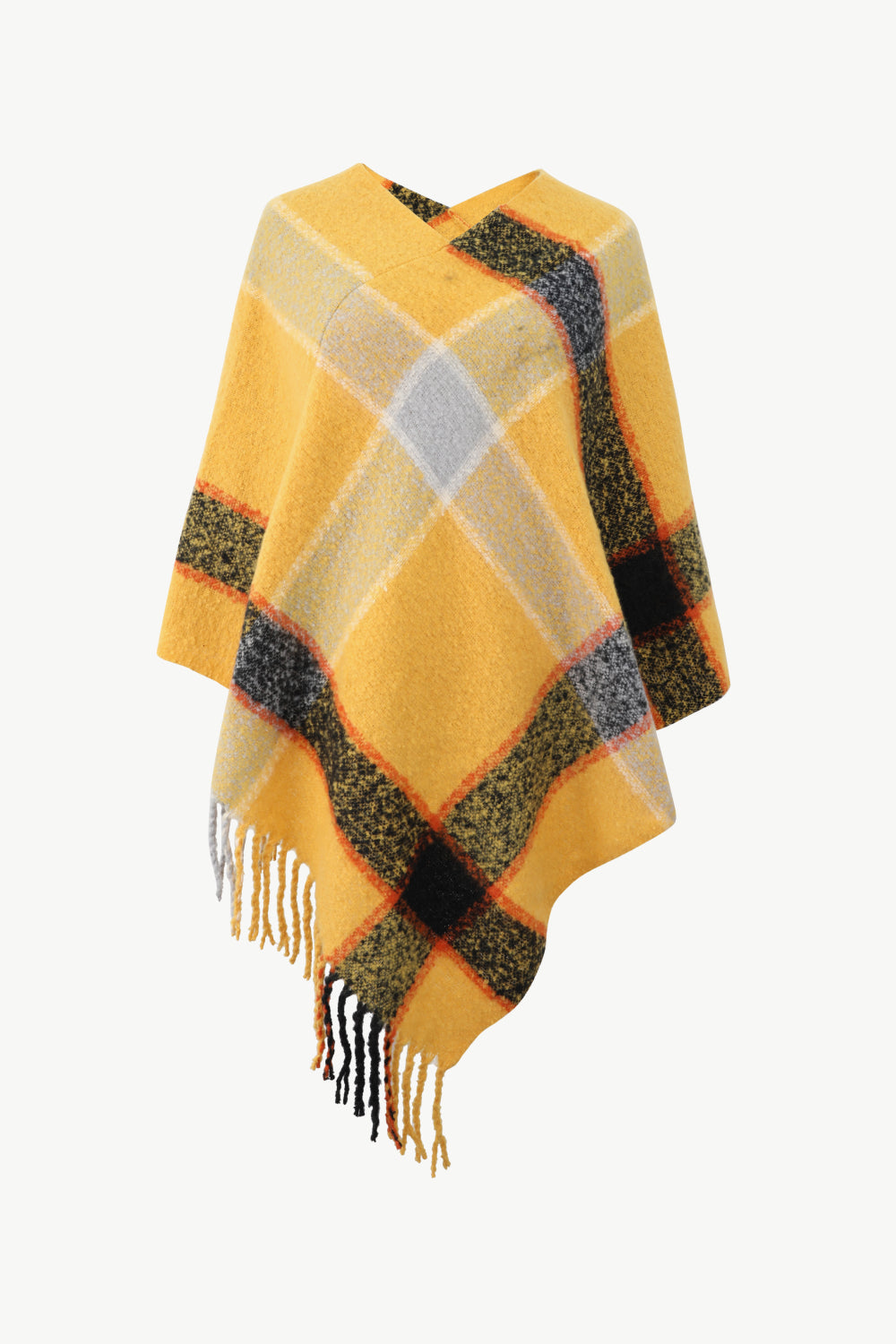 Plaid Fringe Detail Poncho - Thandynie