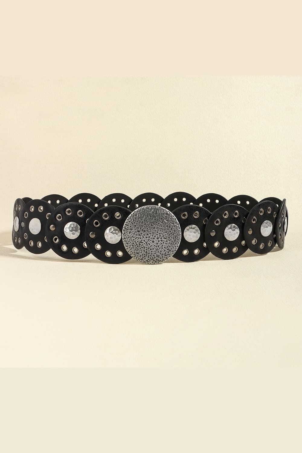 Round Shape PU Leather Belt Black Style A One Size