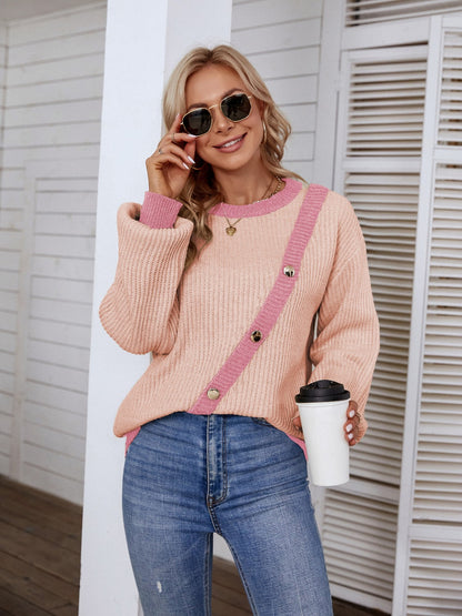 Decorative Button Round Neck Sweater Blush Pink