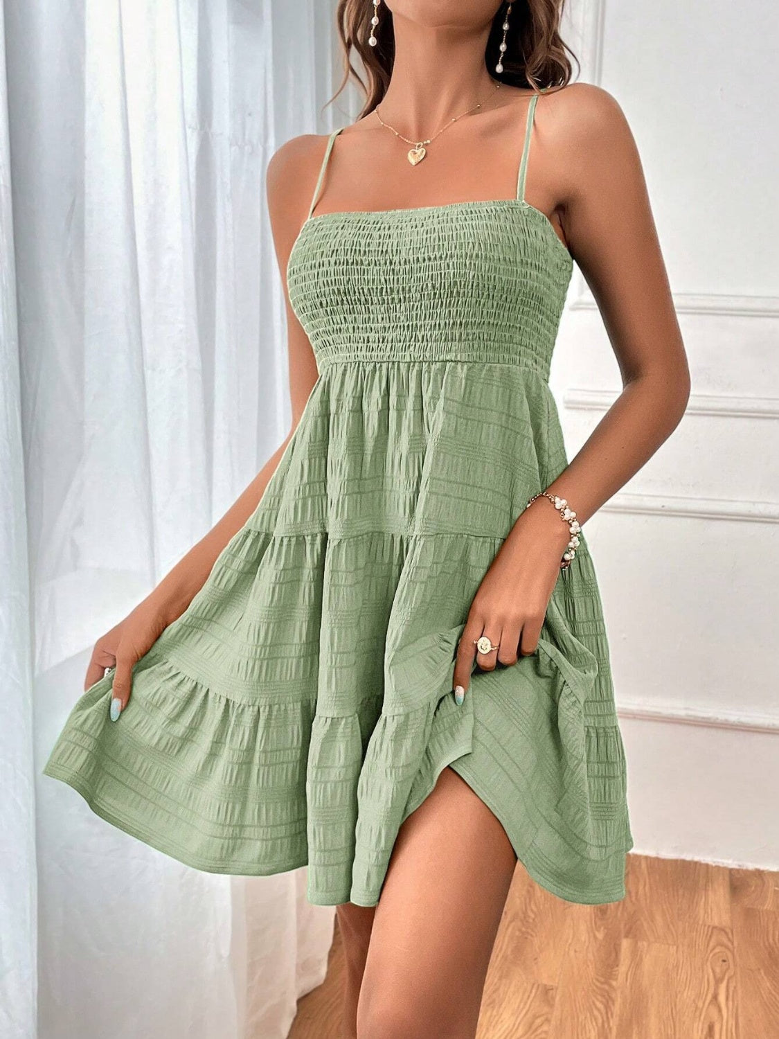 Smocked Tiered Sleeveless Mini Dress - 100% Polyester, Opaque, Chic Summer Style Sage