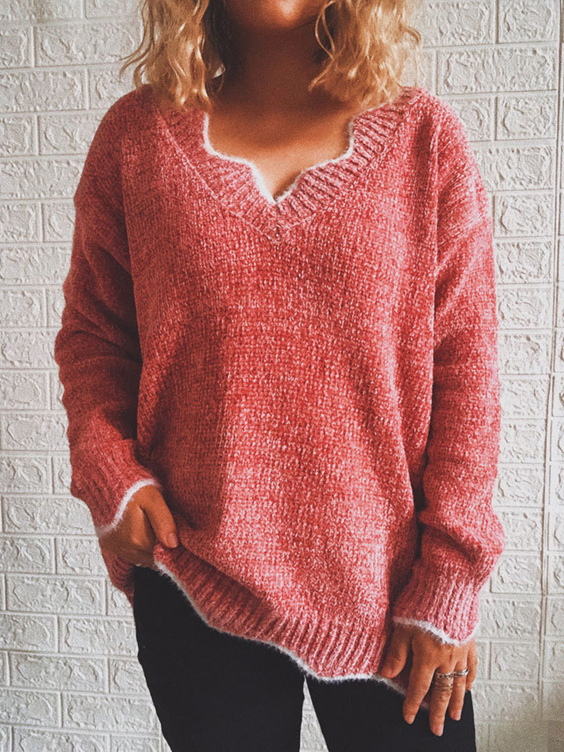 Notched Dropped Shoulder Long Sleeve Sweater Red Orange