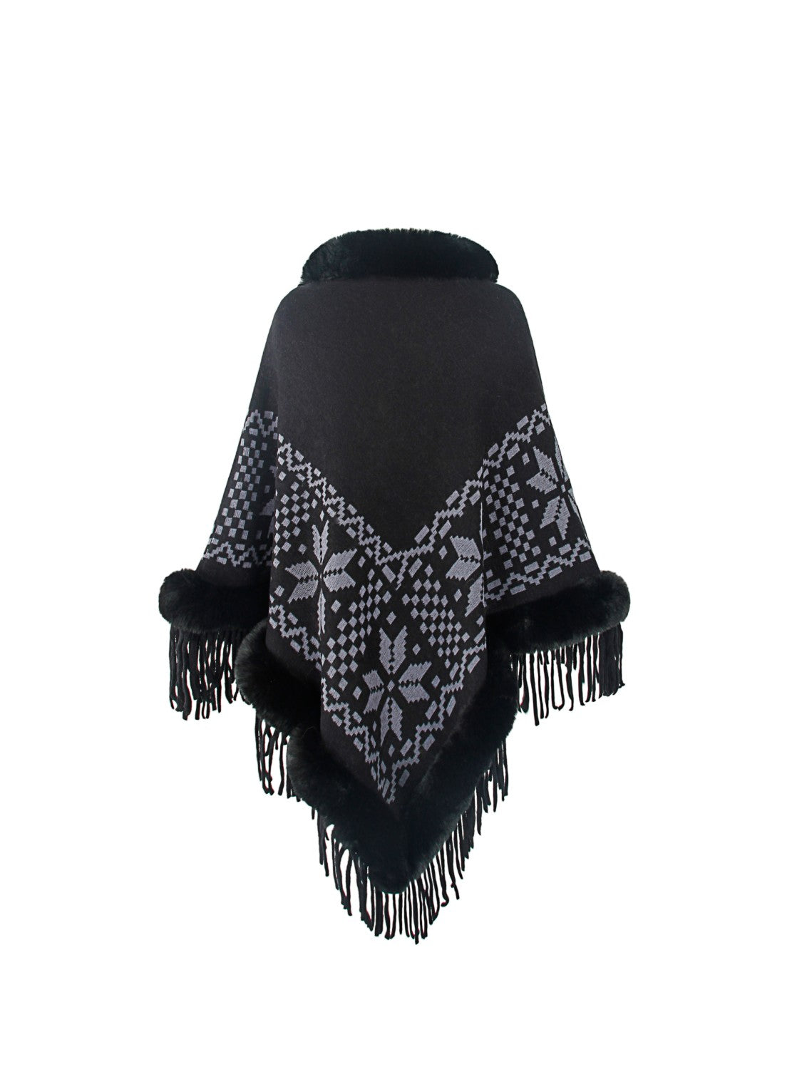 Fringe Geometric Cape Sleeve Poncho - Thandynie