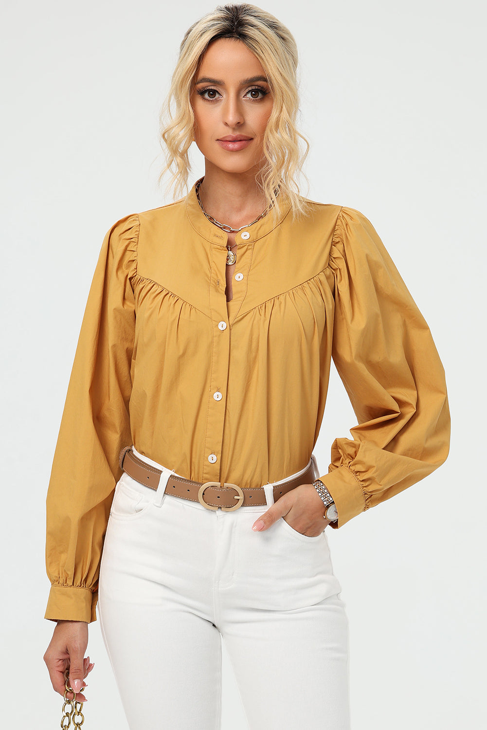Ruched Button Up Long Sleeve Shirt Gold