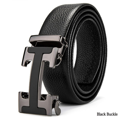 Automatic buckle men's belt leather lychee pattern Black