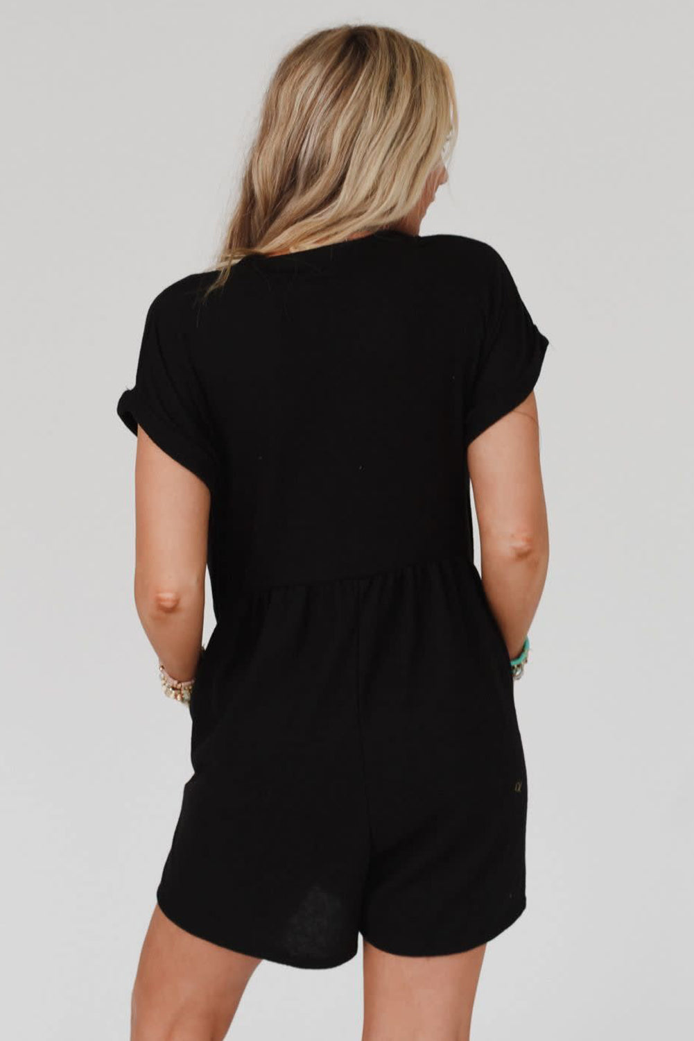 Black V Neck Buttons Loose Cuffed Short Sleeve Romper