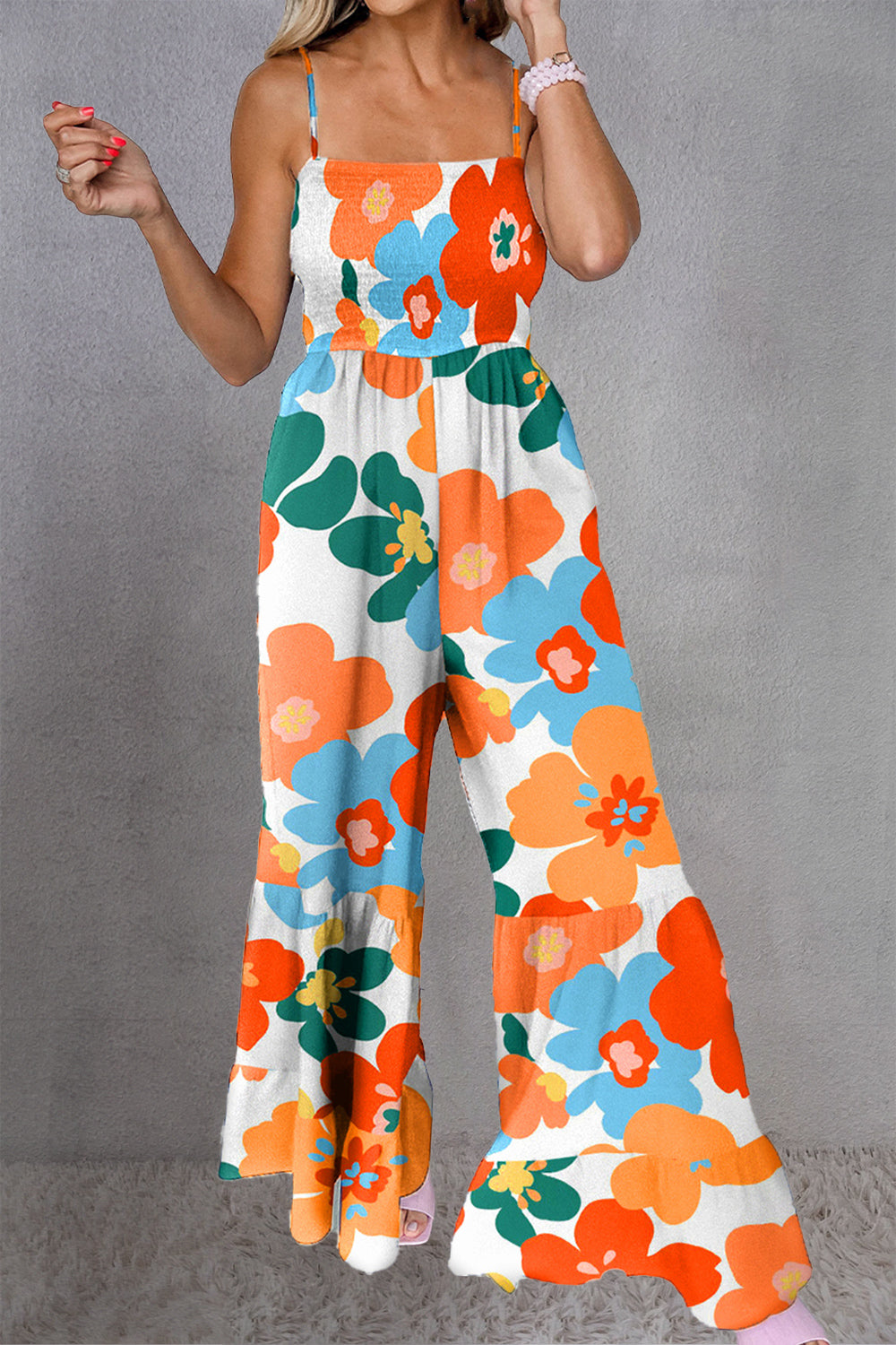 Printed Smocked Spaghetti Strap Jumpsuit - Thandynie