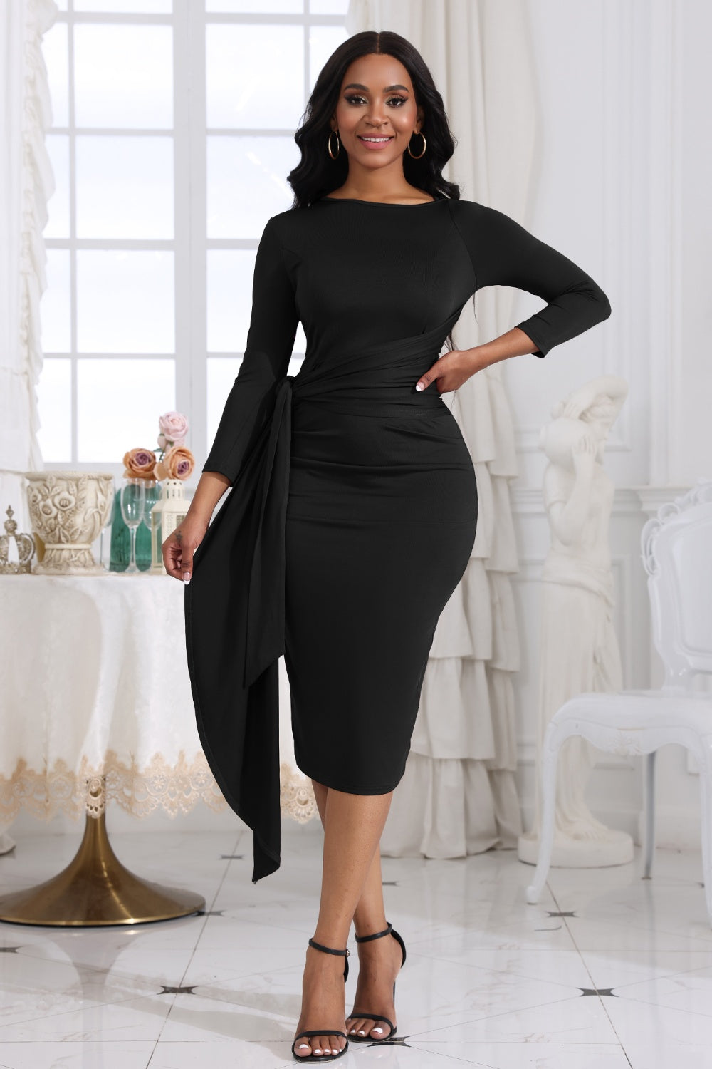 Tie Detail Round Neck Midi Dress Black