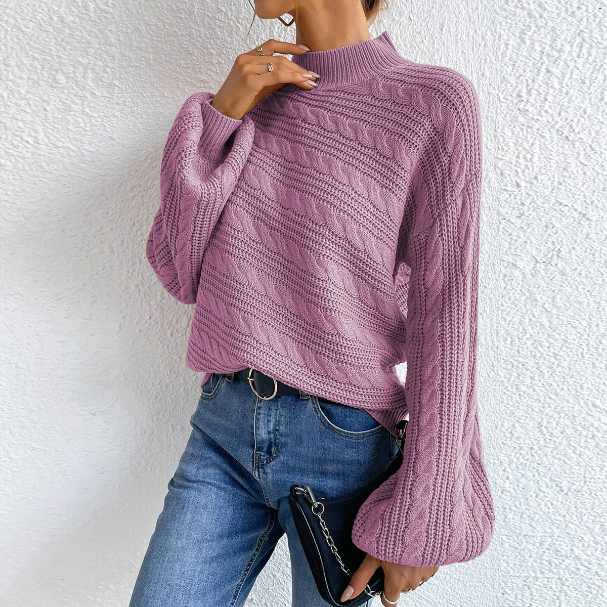 Cable-Knit Mock Neck Long Sleeve Sweater