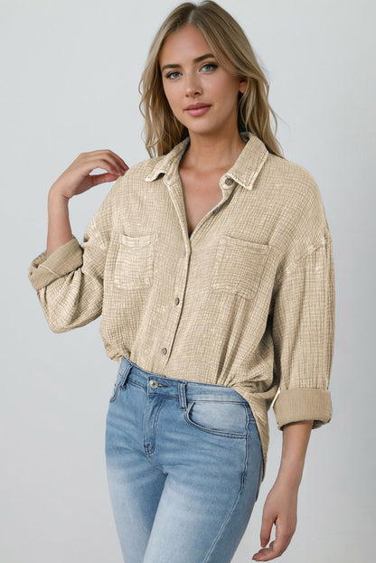 Mineral Wash Crinkle Textured Chest Pockets Shirt