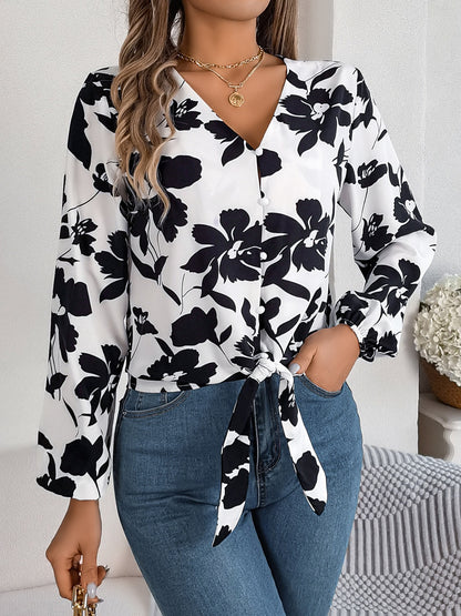 Printed V-Neck Long Sleeve Blouse White