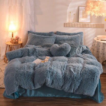 Luxury Thick Fleece Duvet Cover Queen King Winter Warm Bed Quilt Cover Pillowcase Fluffy Plush Shaggy Bedclothes Bedding Set Winter Body Keep Warm Light Blue