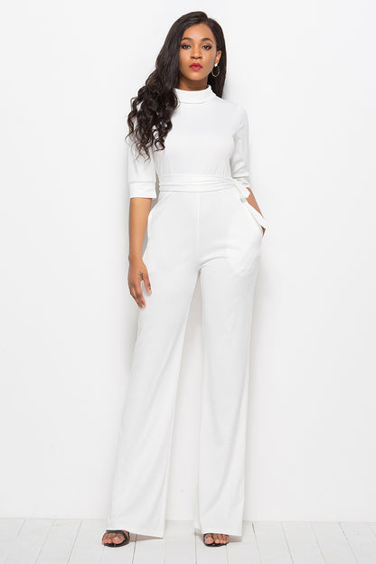 Mock Neck Tie-Waist Half Sleeve Jumpsuit White