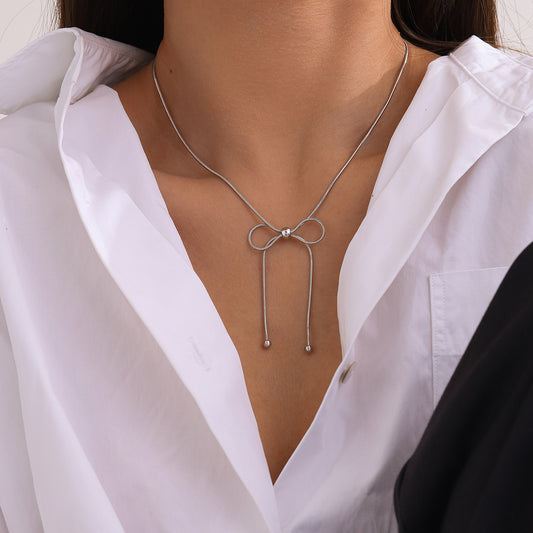 Stainless Steel Bow Necklace - Thandynie