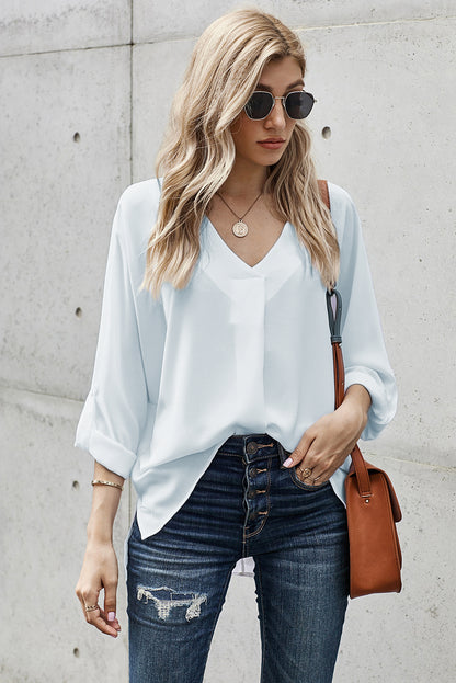 V-Neck Roll-Tab Sleeve Blouse White