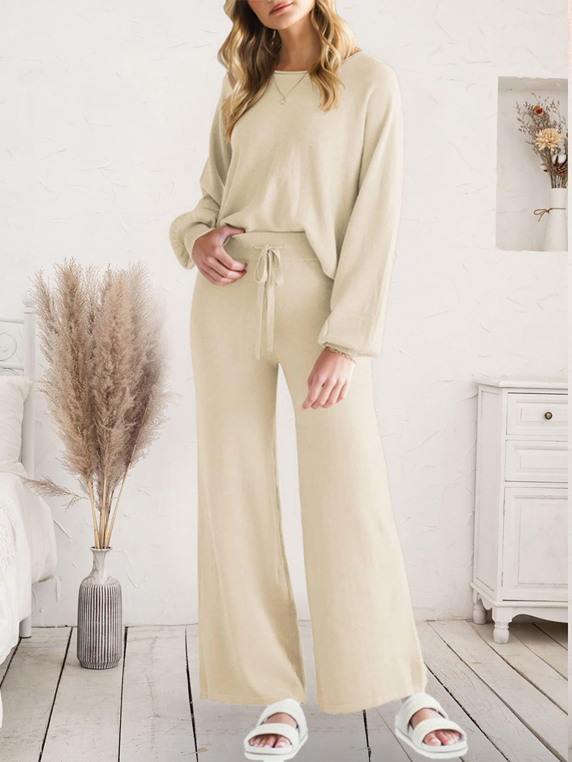 Long Sleeve Lounge Top and Drawstring Pants Set Ivory