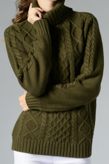 Cable-Knit Turtleneck Long Sleeve Sweater Army Green