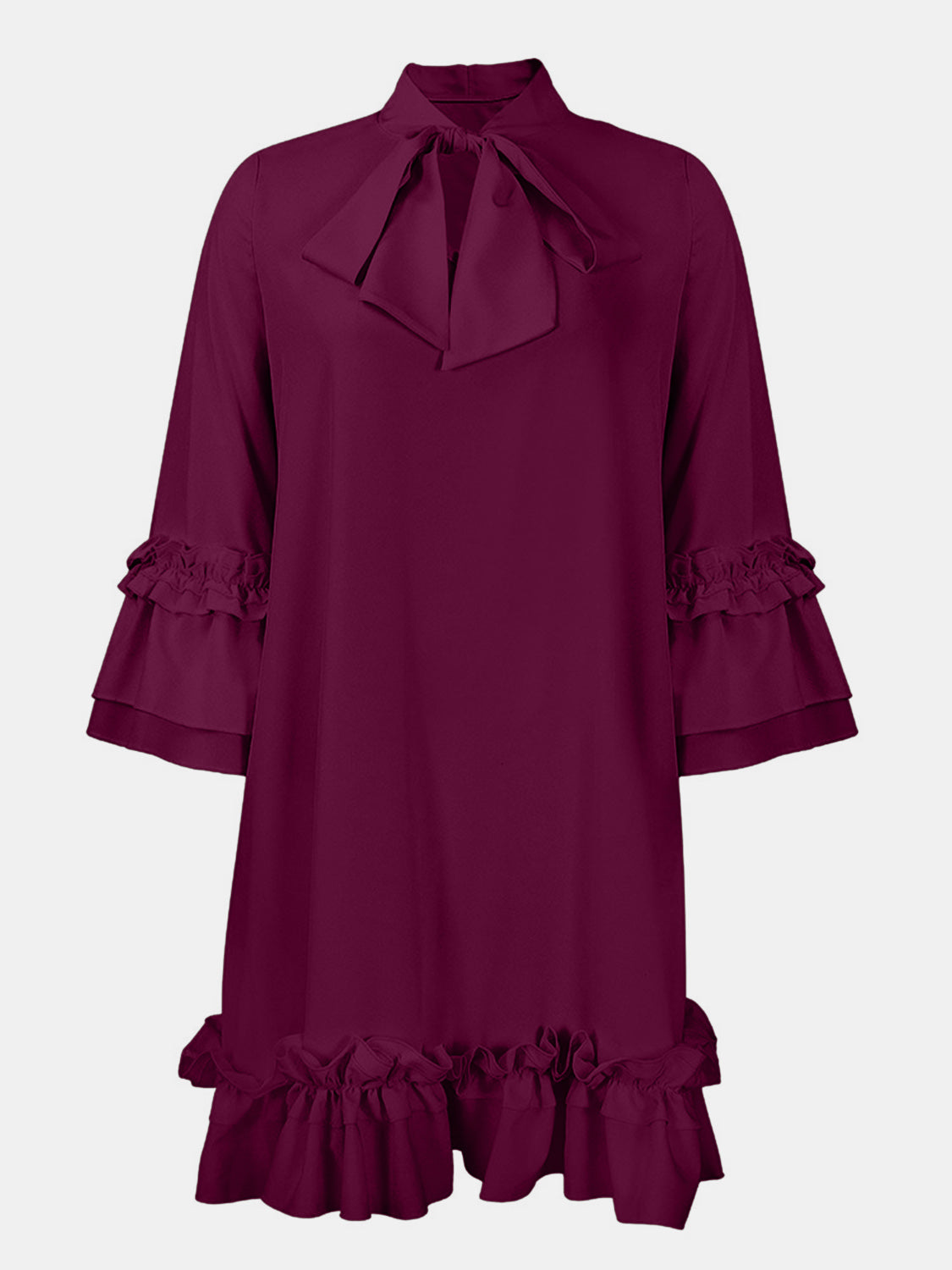 Frill Tie Neck Three-Quarter Sleeve Dress Deep Purple