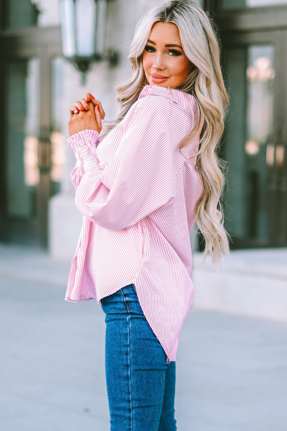 Pink Smocked Cuffed Striped Boyfriend Shirt with Pocket