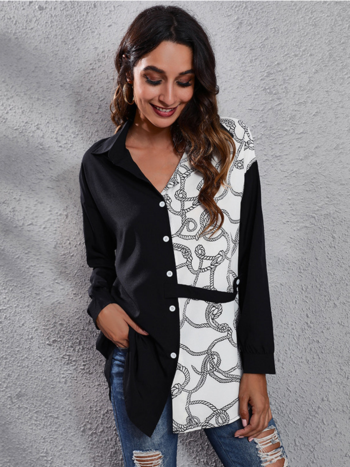 Printed Collared Neck Long Sleeve Shirt - Thandynie