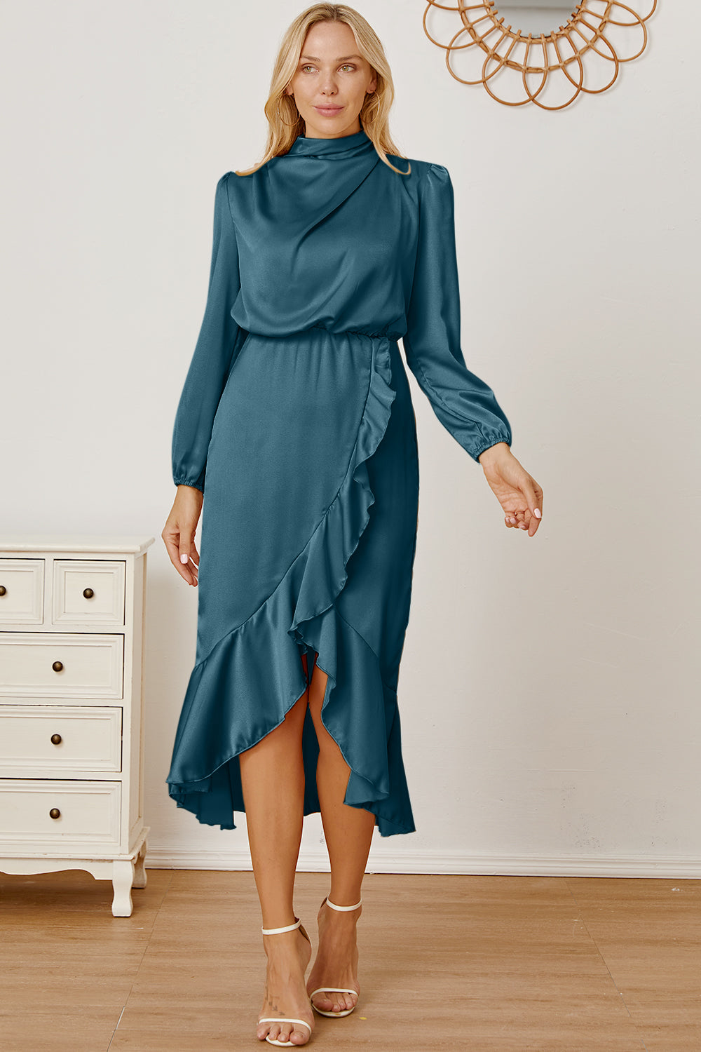 Mock Neck Ruffled Asymmetrical Dress Deep Teal