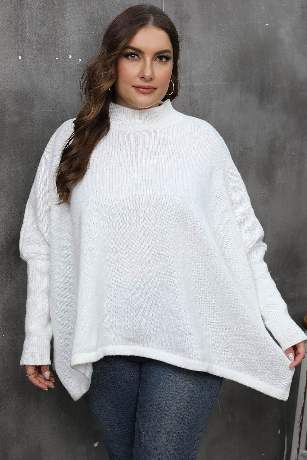 Mock Neck Raglan Sleeve Slit Sweater White One Size