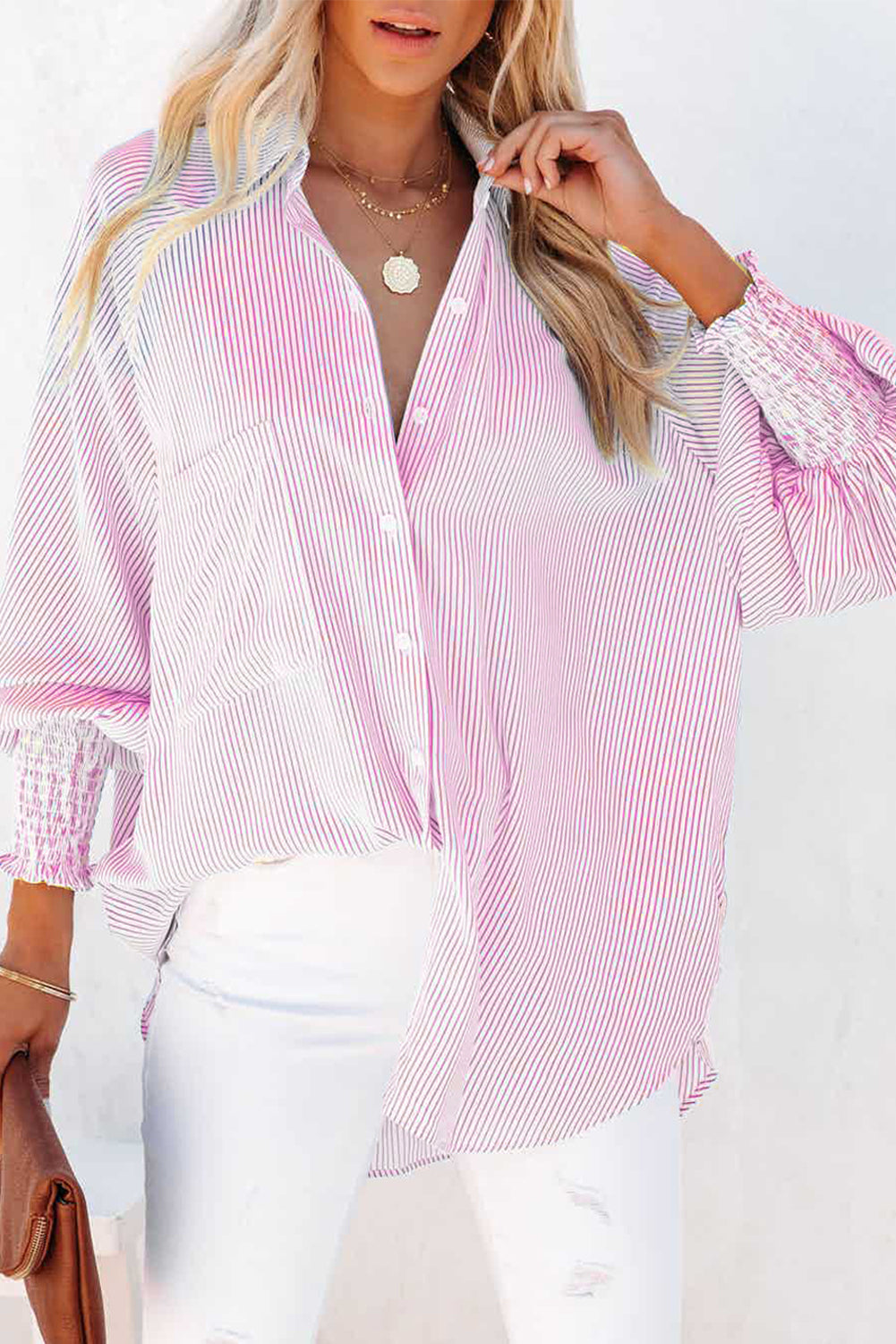 Pink Smocked Cuffed Striped Boyfriend Shirt with Pocket Pink 100%Polyester