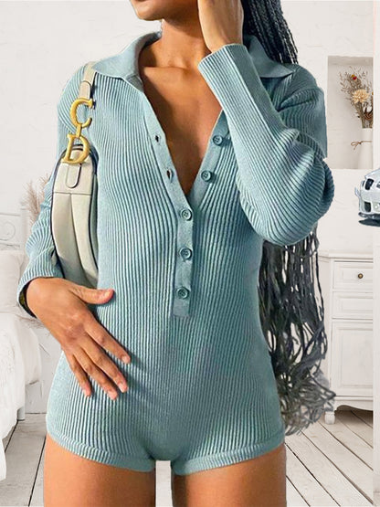 Ribbed Half Button Collared Neck Romper Teal